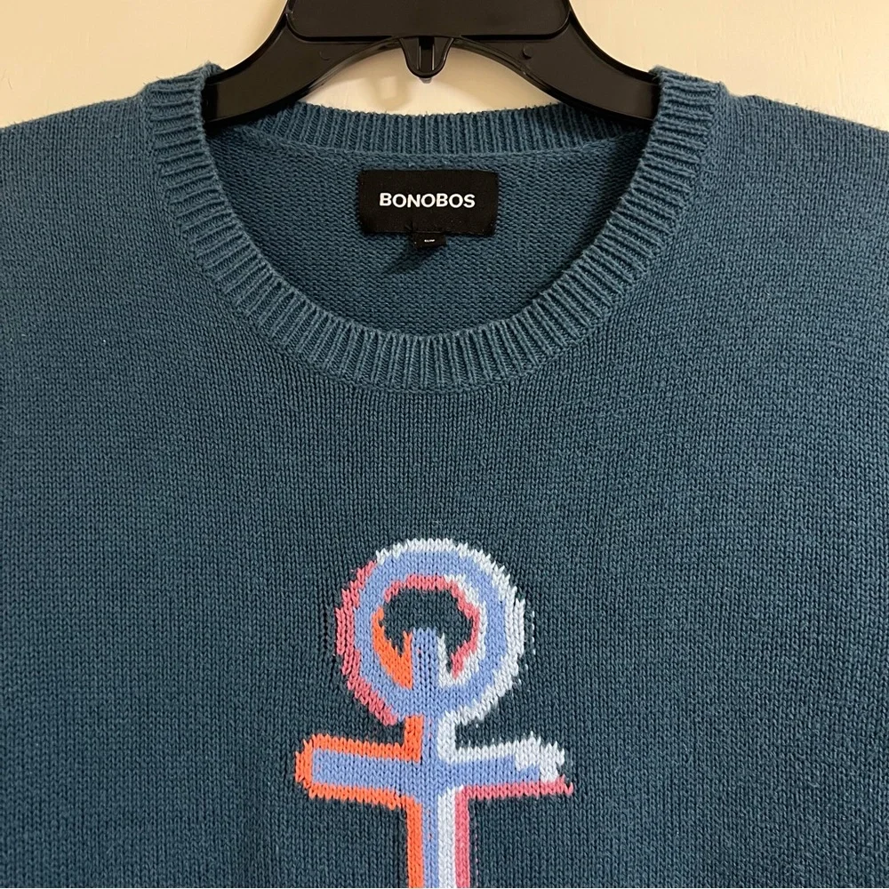Bonobos Teal Crewneck Sweater with Anchor Design Slim Small